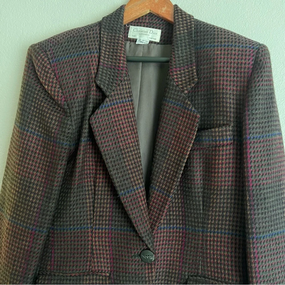 Vintage Christian Dior Women’s Wool Plaid Blazer Size 8 Dark Red